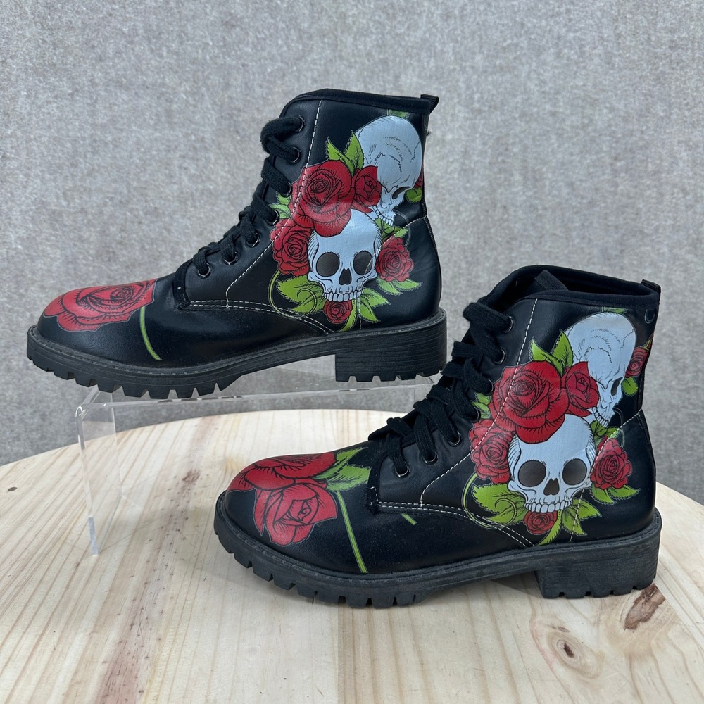 En Bloom Combat Boots Womens 8.5-9 Black Skull Rose Ankle Flat Lug Sole Edgy